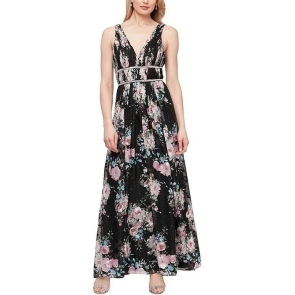 Alex Evenings Black Floral Printed Sleeveless Maxi Dress w/ Rhinestone Detail 16